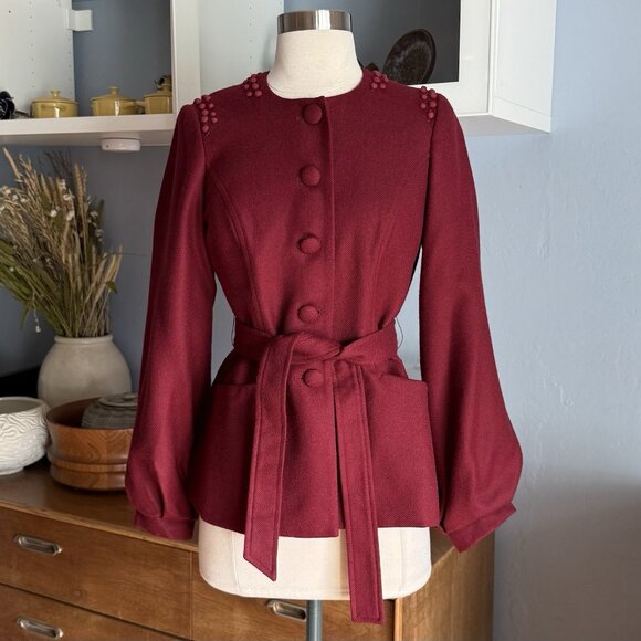 Lela Rose Wool Belted Jacket Blazer Size 4 Maroon Burgundy